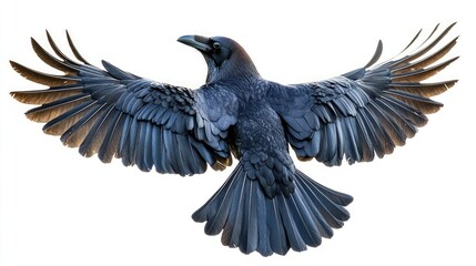Fototapeta premium A majestic raven in flight, wings spread wide against a white background.