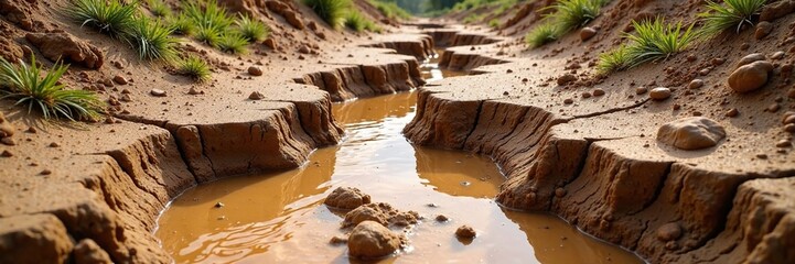 Fissured ground in a dry creek bed with mud pools, climate change effects, fissured ground
