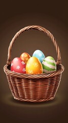 A woven basket filled with colorful Easter eggs, symbolizing festive celebrations.