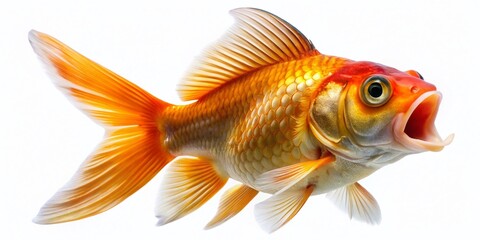 Fototapeta premium Aerial View Goldfish Open Mouth Swimming White Background - High Resolution Stock Photo