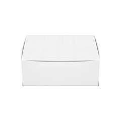Paperboard takeout food box. 3d mockup. Blank white take away paper container packaging. Realistic vector mock-up. Takeaway fast food snack package. Take out disposable lunch box. Template for design