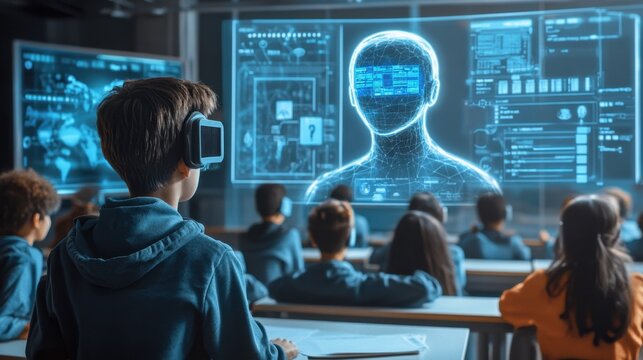 A depiction of an AI-driven classroom in 2025, with students learning from holographic AI teachers and augmented reality tools enhancing their experience.