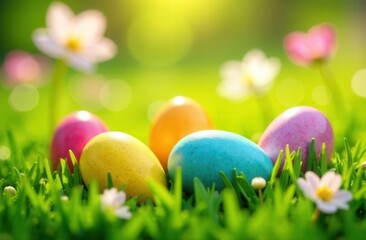 Fototapeta premium Easter eggs sit in grass with flowers in the background
