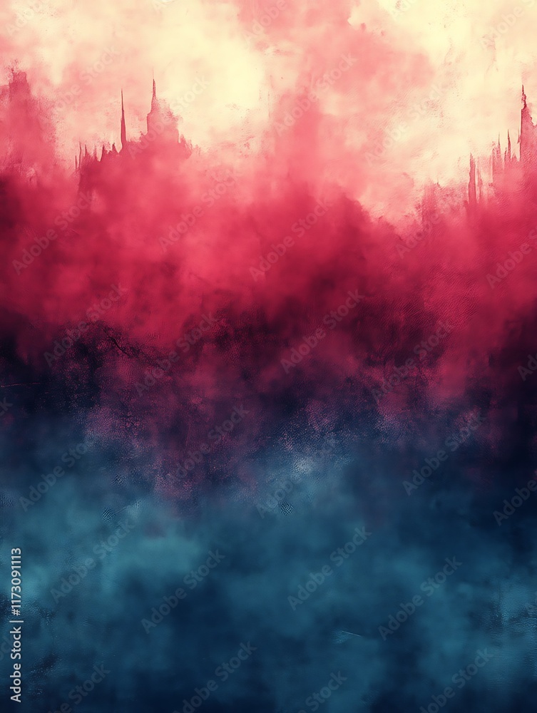 Wall mural Misty, red and blue fantasy city skyline.