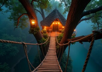 Obraz premium Enchanting treehouse retreat with a bridge nestled in misty forest setting