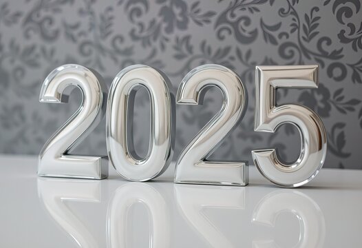 Polished silver 2025 numbers with floral wallpaper background