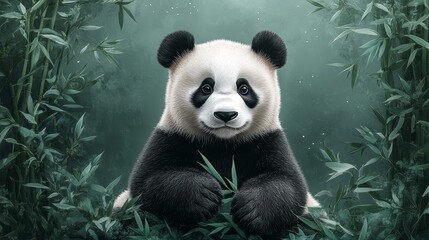 Obraz premium Adorable Panda Surrounded by Bamboo in a Serene Green Forest Setting