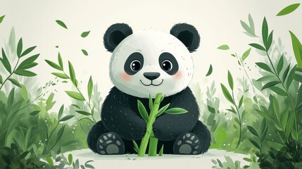Fototapeta premium Adorable Cartoon Panda with Bamboo in Lush Green Forest Scene