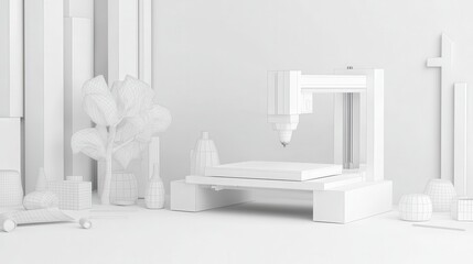 Modern Minimalist Workspace with Digital CNC Machine and Geometric Plant Decor