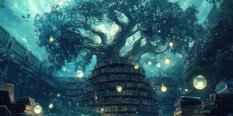 Enchanting Library Underneath a Giant Tree of Knowledge