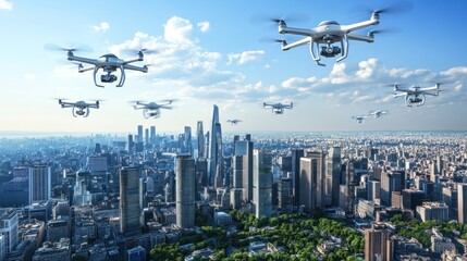 Drone swarm flying over a cityscape.