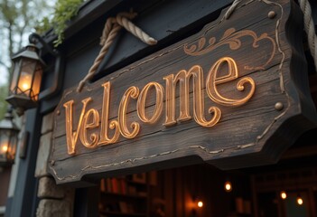 Obraz premium Wooden welcome sign with lanterns and warm lighting
