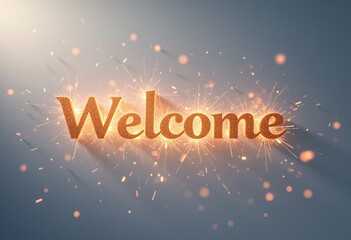 Sparkling welcome text with golden fireworks on gray background