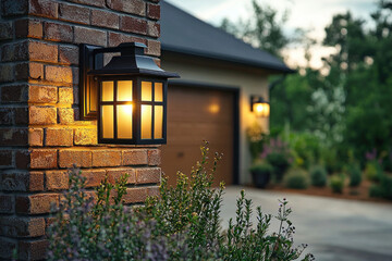 Lit exterior lamp on brick wall by home garage at dusk