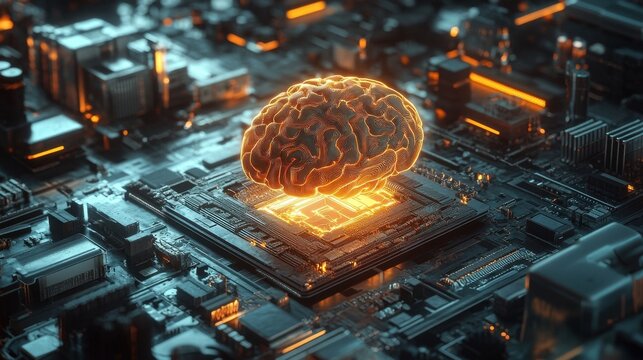 A glowing AI brain emerging from a traditional computer chip, surrounded by fragments of outdated machinery and futuristic devices.