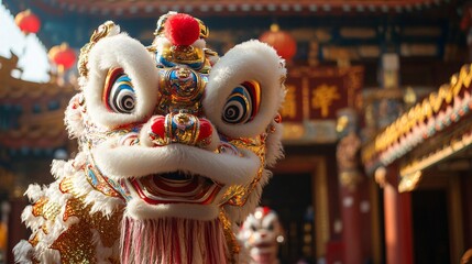 Fototapeta premium A majestic Chinese lion dance in front of a decorated temple with golden accents