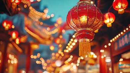 Naklejka premium A night market with bright red and gold Chinese decorations and traditional snacks