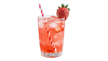 Refreshing strawberry drink served over ice with a striped straw and fresh fruit garnish in a clear glass.