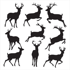 set of deer, dear head, deer with pine trees and forest scenery, Deer in nature trees forest hunting vector silhouette	