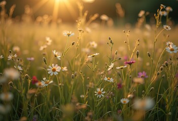 Fototapeta premium Wildflowers glowing in sunset light in a summer meadow
