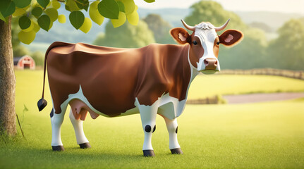 Animated brown and white cow standing on green grass in a sunny rural landscape with trees in the background