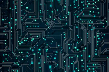 Abstract close-up of a glowing blue digital circuit board, showcasing intricate connections and technological design on a black background.
