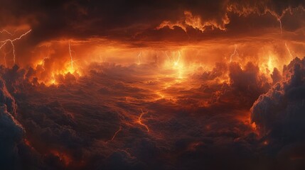 A panoramic storm scene featuring glowing orange light filtering through heavy storm clouds, with electrifying bolts of lightning creating a sense of urgency.