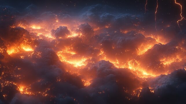 A panoramic storm scene featuring glowing orange light filtering through heavy storm clouds, with electrifying bolts of lightning creating a sense of urgency.