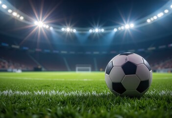 Soccer ball on green field under stadium lights at night