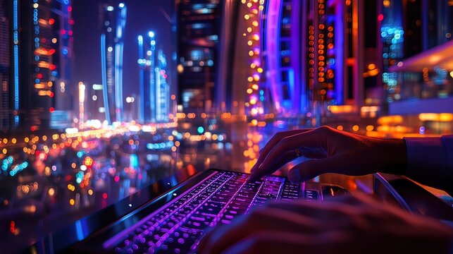 Person working on laptop at night with blurred city lights in background.