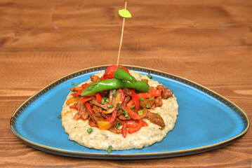 Traditional Turkish Chicken Kebab with Creamy Eggplant Puree