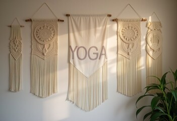Boho-style macramé decor with yoga banner in soft sunlight