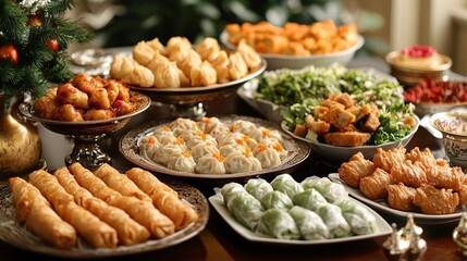 Fototapeta premium A table filled with Chinese dumplings, spring rolls, and traditional New Year dishes