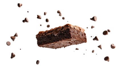 Delicious chocolate brownie surrounded by scattered chocolate chips, capturing a moment of indulgence and dessert bliss in a vibrant setting.