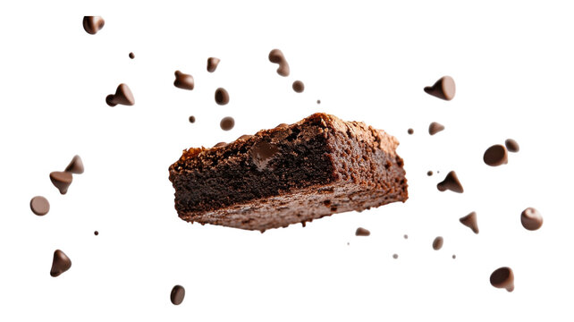 Delicious chocolate brownie surrounded by scattered chocolate chips, capturing a moment of indulgence and dessert bliss in a vibrant setting. - Powered by Adobe