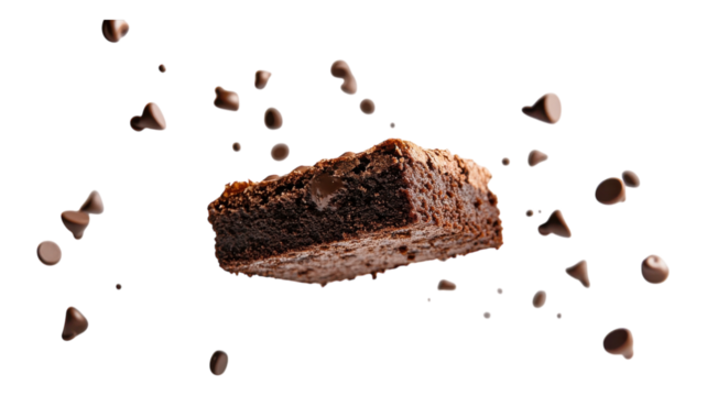 Delicious chocolate brownie surrounded by scattered chocolate chips, capturing a moment of indulgence and dessert bliss in a vibrant setting.