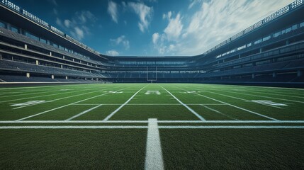 Obraz premium A wide view of a modern football stadium featuring a lush green field, bright sky, and empty stands, showcasing a vibrant sports environment.