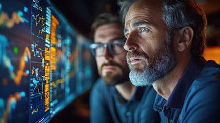 Obraz premium Two professionals analyzing data on a high-tech screen.