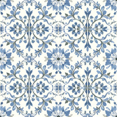 Seamless floral pattern illustration in blue and white, elegant design, seamless textile background