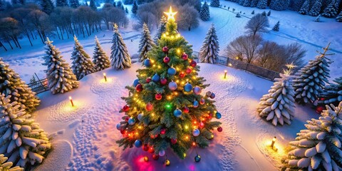Aerial View of Christmas Tree Decorations in a Snowy Landscape