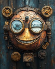 Fototapeta premium Smiling Steampunk Face With Brass Gears, Rusty Texture, and Vintage Design