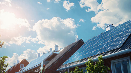 Fototapeta premium A serene solar panel installation site with engineers fitting panels on rooftops, workers wiring inverters, and a bright, sunny backdrop emphasizing sustainable energy solutions and renewable power