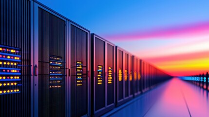 Fototapeta premium Server Room at Sunset with Colorful Lights Illuminating Technology in Data Center