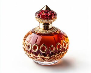 Amber Crystal Perfume Bottle with Gold Accent Isolated on White