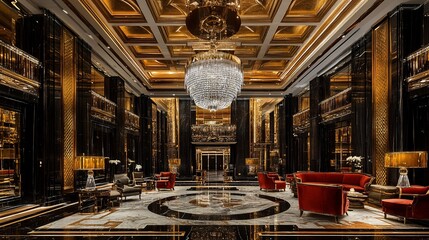 Obraz premium Luxurious hotel lobby with grand chandelier, marble floor, and opulent furnishings.