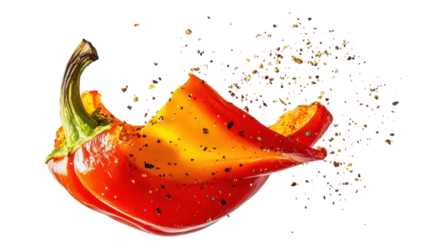 A vibrant red bell pepper exploding with flavor and spices against a transparent background in a dynamic display.