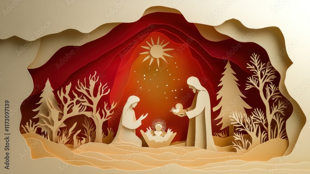 Wall mural Nativity Scene: The nativity scene with Mary, Joseph, and baby Jesus. paper cut Art Style 3d background 