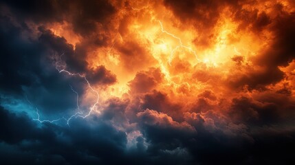 Fototapeta premium An ominous stormy sky with vivid orange light reflecting off thick, rolling clouds, accented by sharp lightning strikes across the horizon.