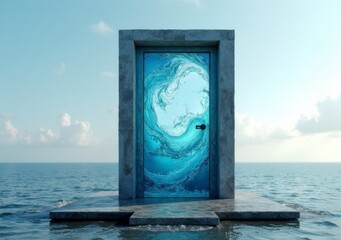 Creative door standing on water with a swirling blue design in a tranquil setting