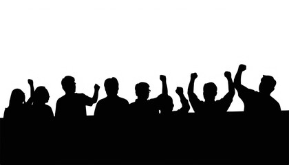 Crowd of determined individuals raise fists in unity during a passionate demonstration at dusk in an urban setting